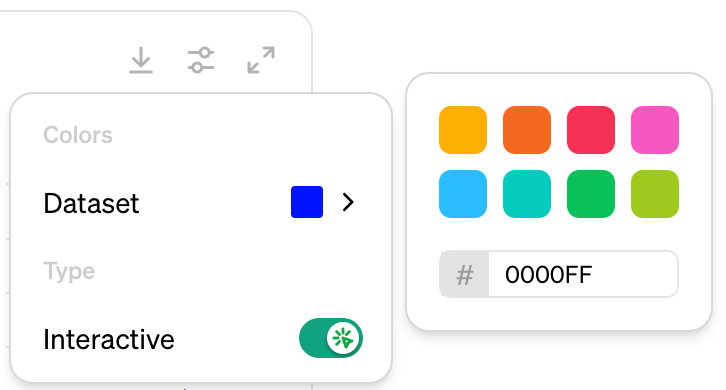官方截图：图表设置里的 Colors、Dataset 颜色、Interactive 开关和颜色选择面板（英文界面）
