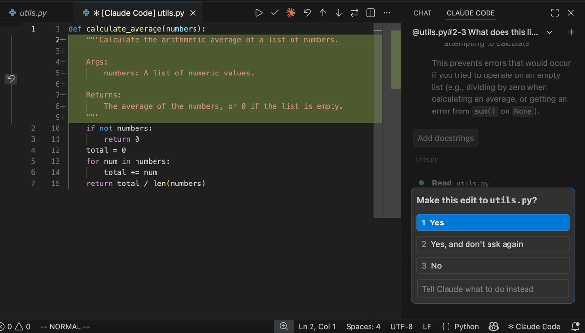 Manual 模式下，VS Code 左侧显示 Claude 要给 utils.py 加的文档注释（绿色高亮），右侧询问「Make this edit to utils.py?」，可选是、是且不再询问、否，或告诉 Claude 换个做法