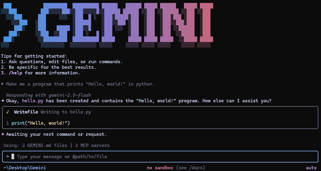 Gemini CLI 终端界面：用自然语言让它创建 hello.py 并显示写文件操作