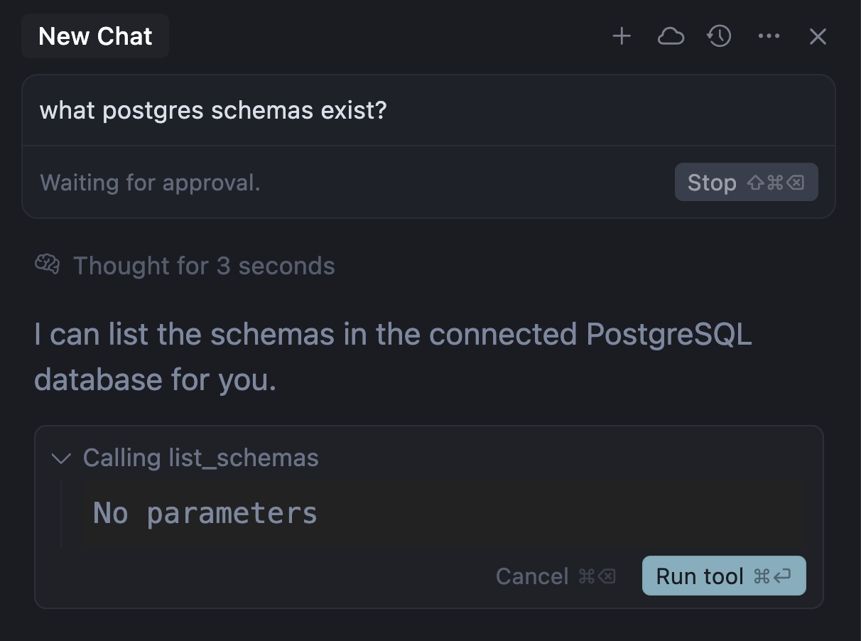 Cursor 对话里调用 MCP 工具前的确认框：显示「Calling list_schemas」和参数，右下角有 Cancel 与 Run tool 按钮