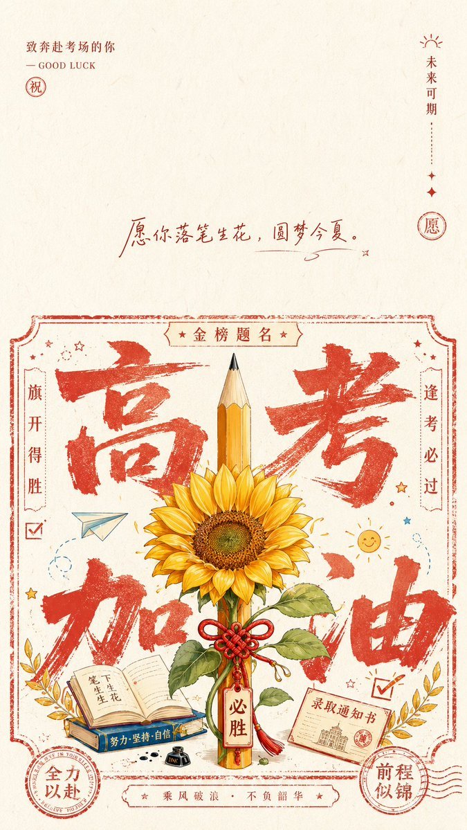 祝福海报提示词：高考加油 / 好运连连的印章票据风贺卡（gpt-image-2）