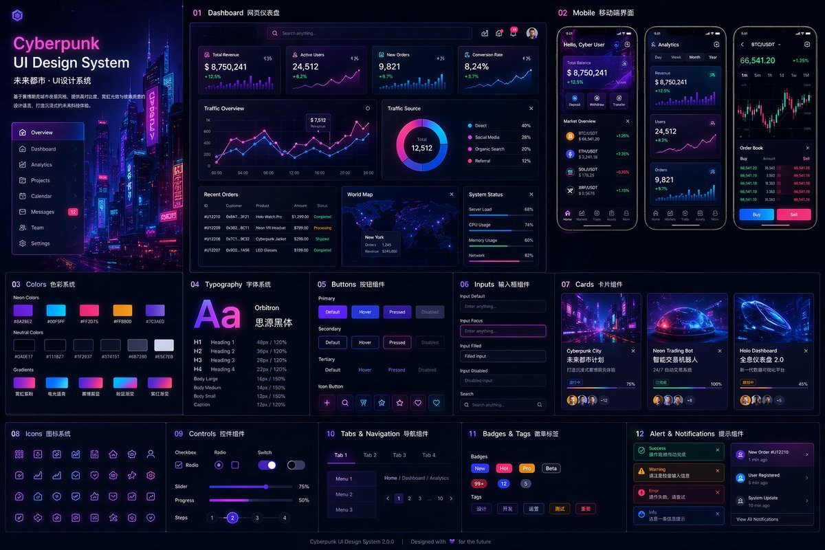 UI设计提示词：赛博朋克霓虹风 UI 设计系统（网页 Dashboard + 移动端 + 组件规范一张出齐）