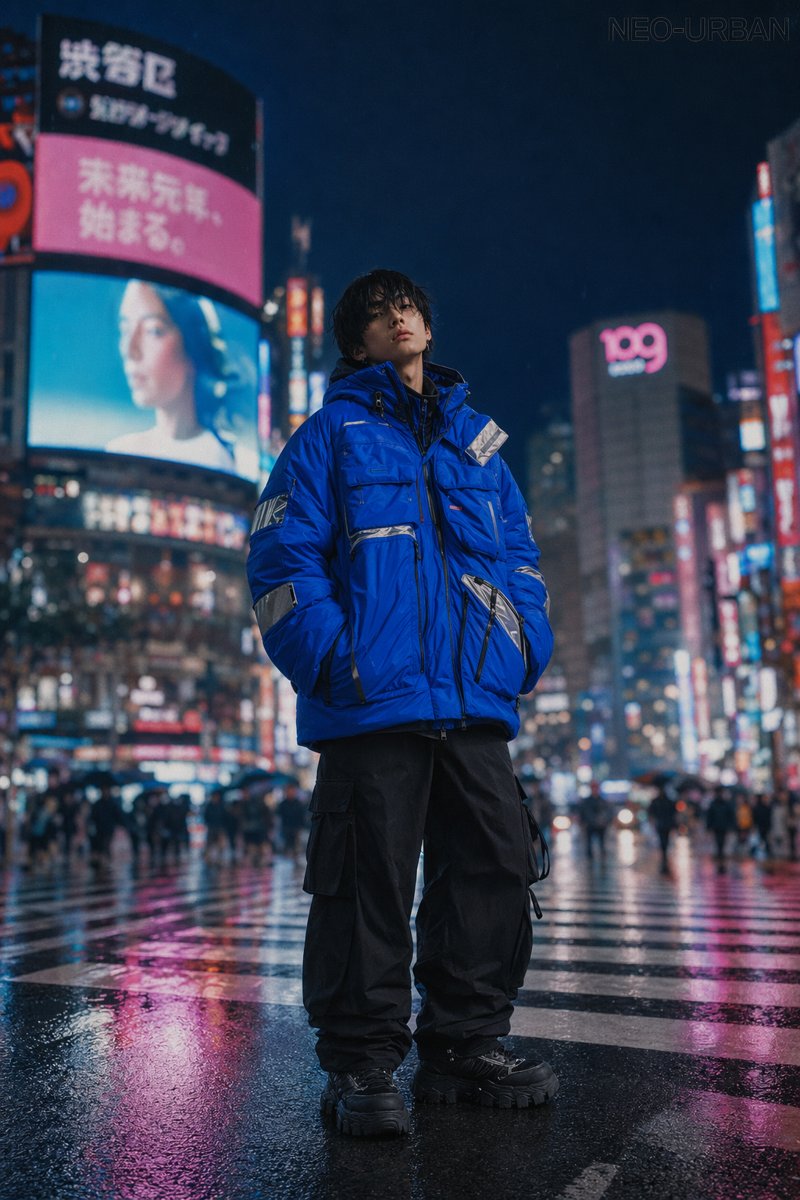 AI穿搭提示詞：雨夜街頭機能風 Lookbook，鈷藍反光羽絨服 + 黑色工裝褲全身照