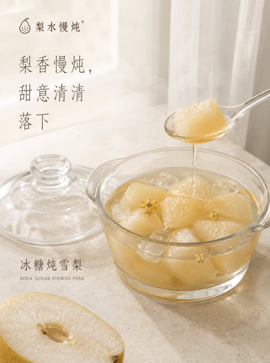 中式甜品海報提示詞：冰糖燉雪梨極簡留白海報（玻璃燉盅 + 宋體文案）（gpt-image-2）