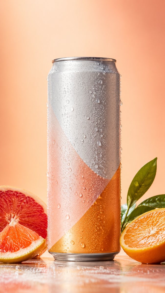 可灵提示词：气泡饮料广告视频（柑橘片悬浮 + 拉环喷雾 · 易拉罐转台定格）