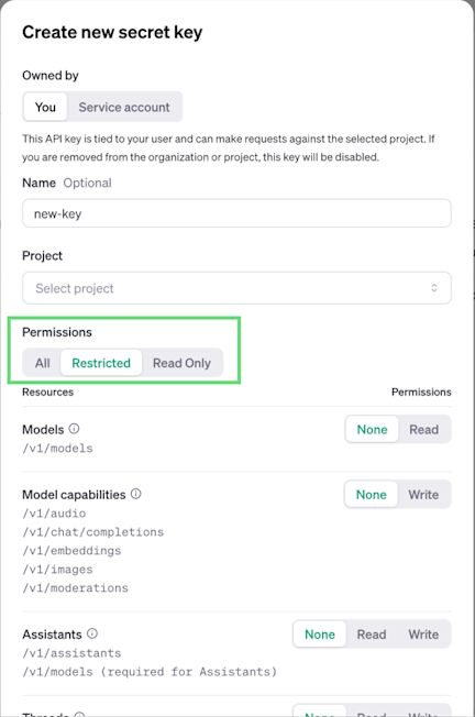 Create new secret key 弹窗：Owned by 可选 You 或 Service account，下方是 Name、Project，Permissions 选中 Restricted 后可按资源分别设置 None / Read / Write（英文界面）