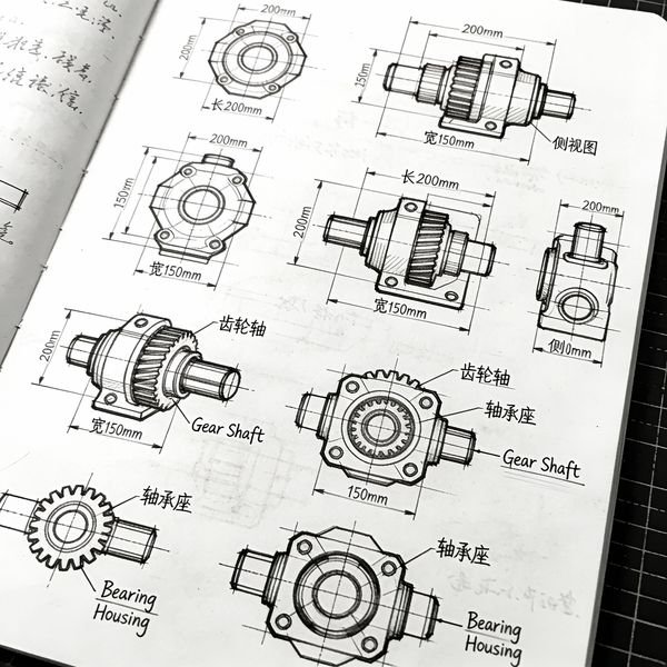 即梦提示词:手绘黑线机械设计笔记(三视图 + 尺寸标注 + 中英文部件名,学霸笔记风)