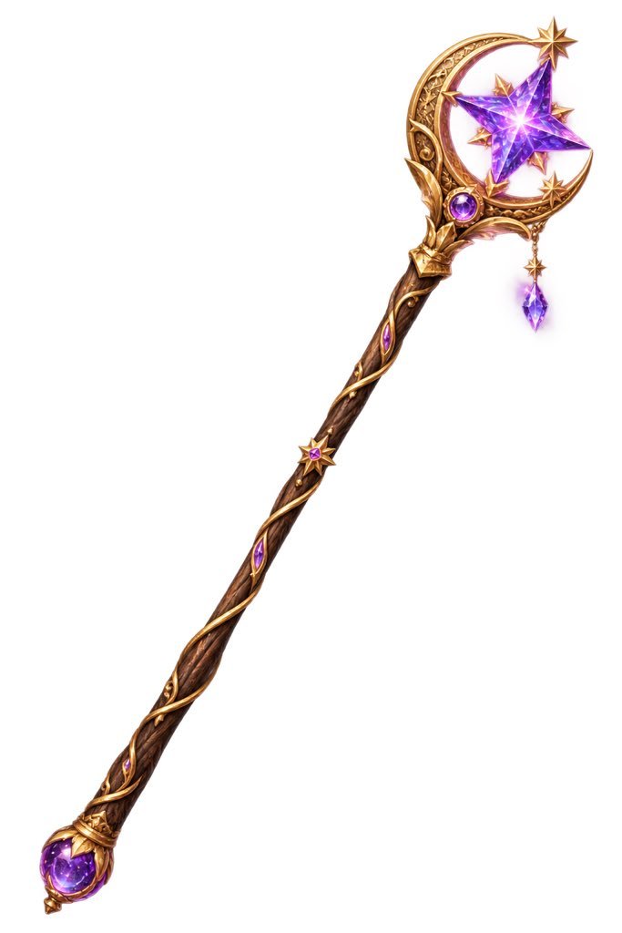 AI遊戲素材生成提示詞：奇幻 RPG 魔法杖道具圖（金色月牙 + 紫水晶星）（gpt-image-2）