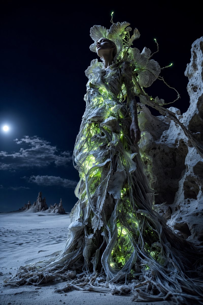 AI穿搭提示詞：月夜白沙漠裏的發光菌絲禮服，超現實先鋒時裝大片