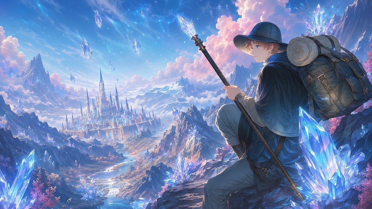 壁紙提示詞：動漫奇幻遠景桌面壁紙，旅人坐在崖邊眺望水晶山谷裏的城堡（gpt-image-2）