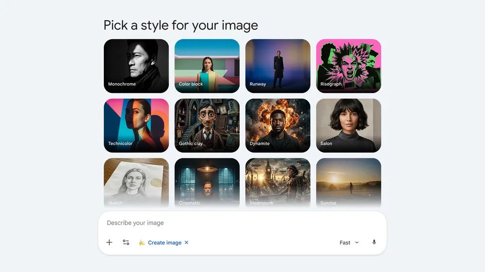 Gemini 的图片模板页「Pick a style for your image」：Monochrome、Color block、Sketch、Cinematic 等风格卡片，底部是带「Create image」标签的输入框（英文界面，官方示意图）