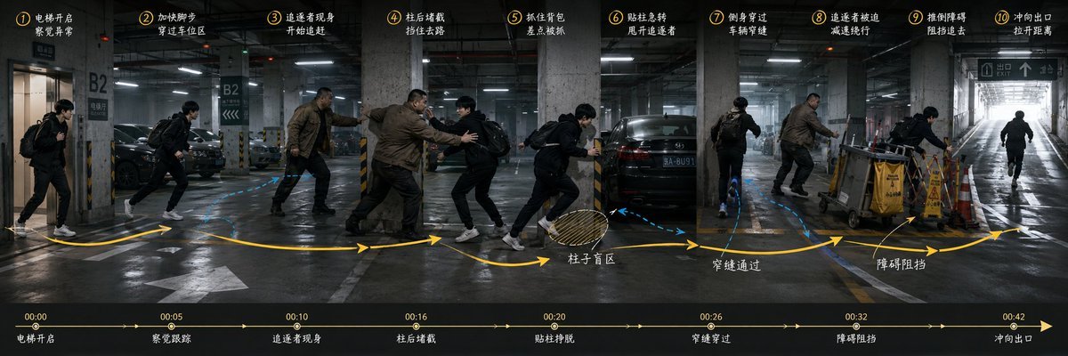 ai分镜提示词：地下车库追逐戏一镜到底调度图，路线箭头 + 时间轴（gpt-image-2）