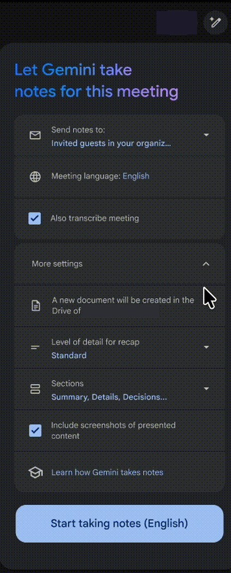 会议中点「Take notes for me」后弹出的设置面板：笔记发给谁、会议语言、是否同时转写、详细程度、包含哪些小节、是否加入演示内容截图（官方演示界面局部）