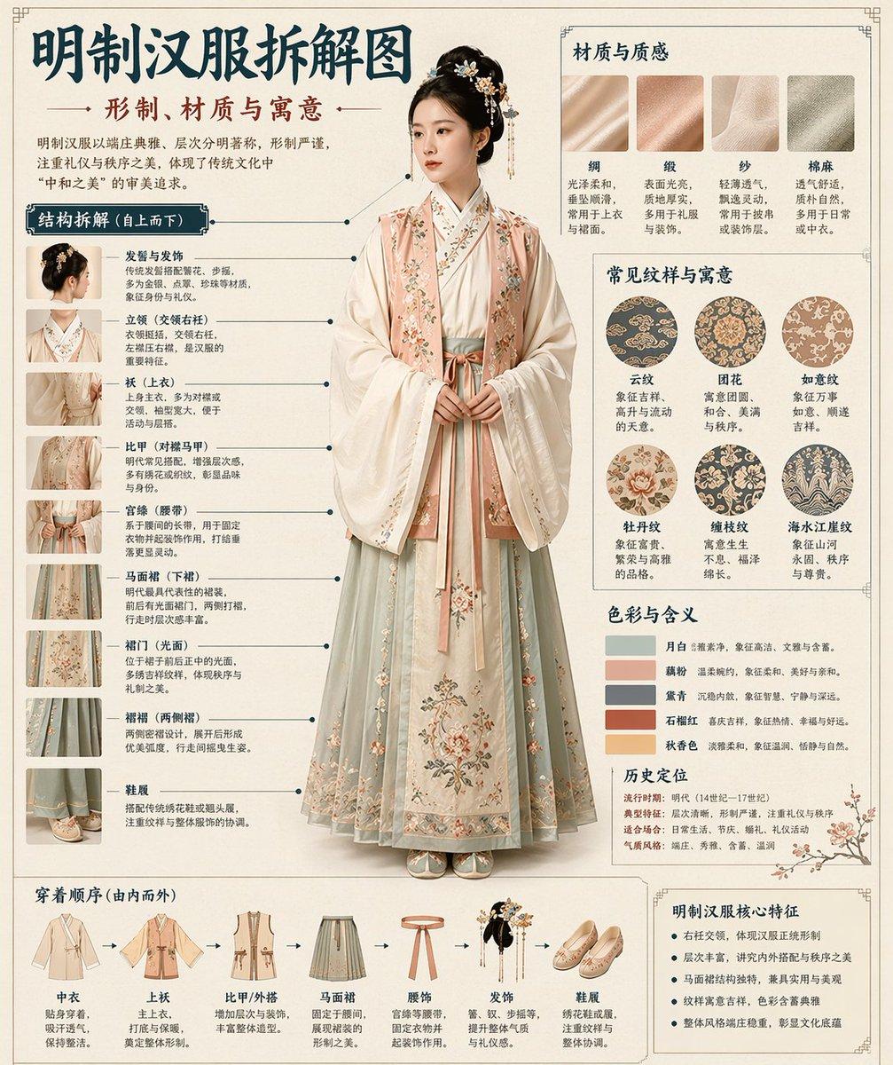 博物馆展板风信息图提示词：汉服 / 文物结构拆解图（材质、纹样、色彩寓意）（gpt-image-2）