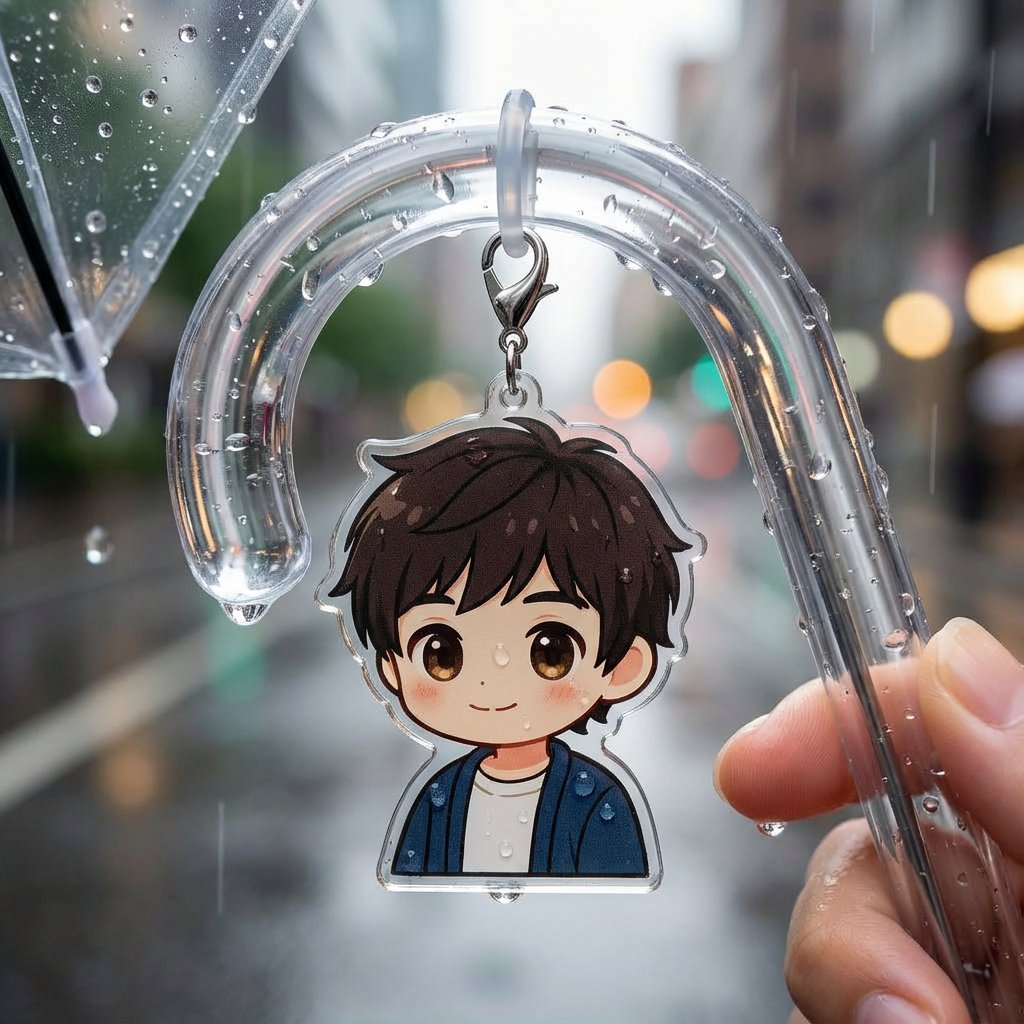 ai产品图提示词：亚克力挂件挂在透明雨伞把手上的实拍感样机，雨珠 + 街景虚化（Nano Banana）