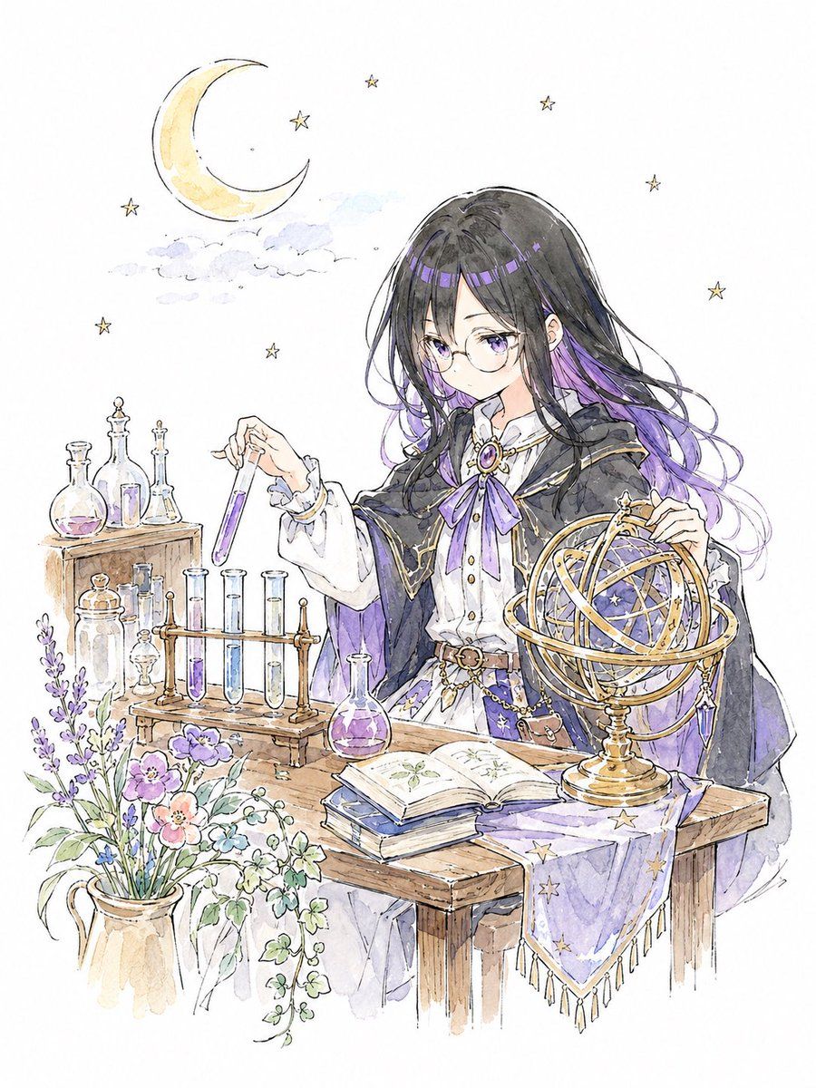 水彩插畫提示詞：星月下的少女鍊金術師，淡紫金色繪本風（gpt-image-2）