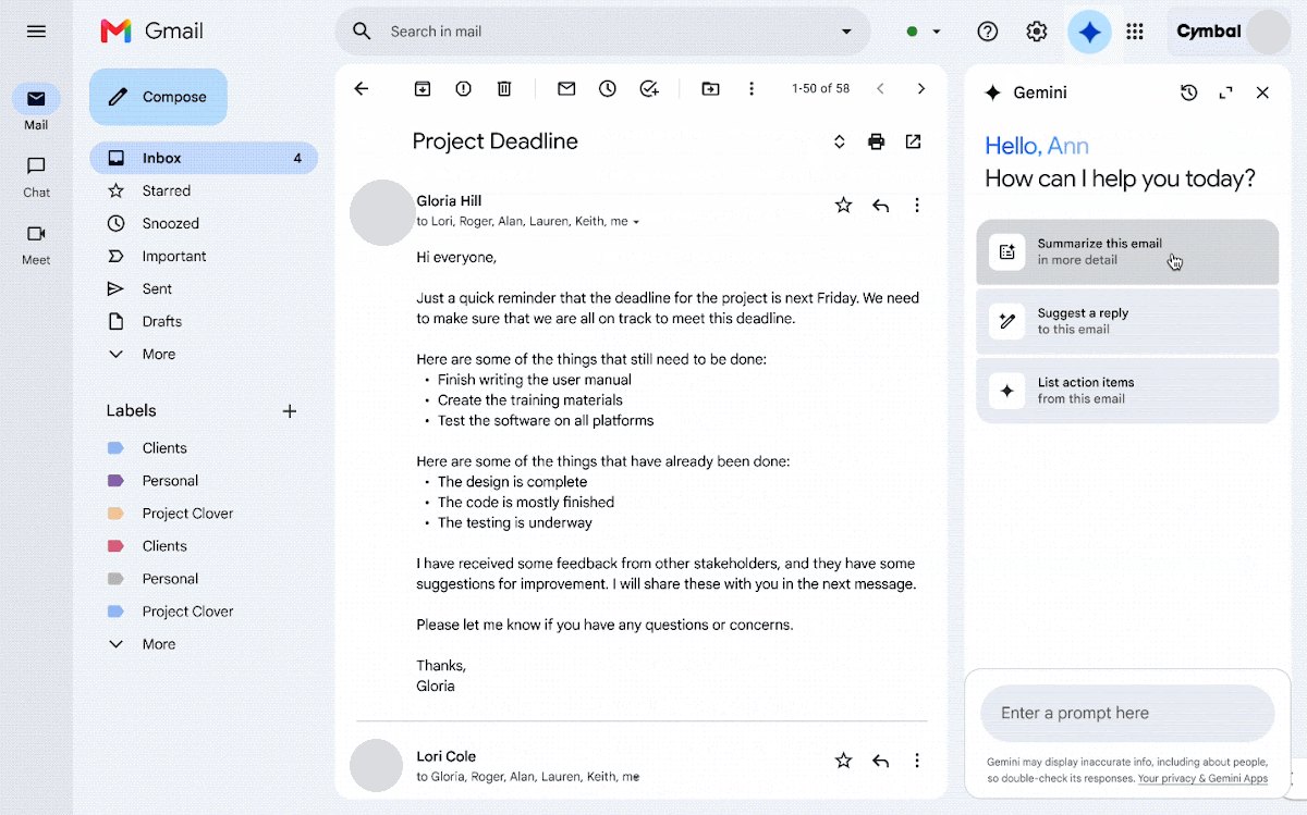 Gmail 右上角点 Ask Gemini 后出现的侧边栏：可以总结当前邮件、建议回复、列出待办（官方演示界面，英文）