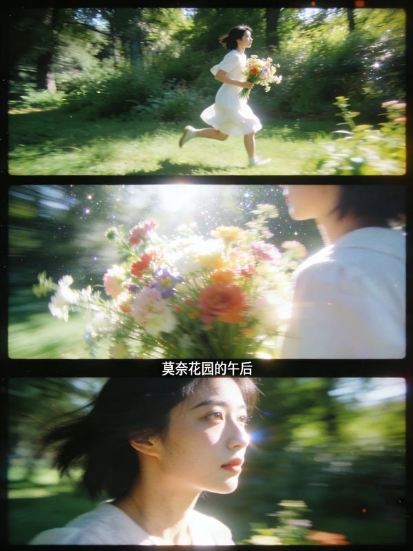 人像写真提示词：三格电影胶片感写真，花园奔跑 + 花束特写 + 侧脸特写带字幕（即梦）