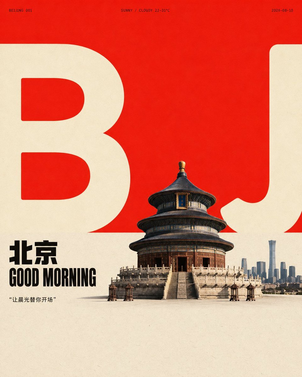 早安海报提示词：超大城市缩写字母 + 地标实景的撞色早安海报（北京 / 上海 / 广州）（gpt-image-2）
