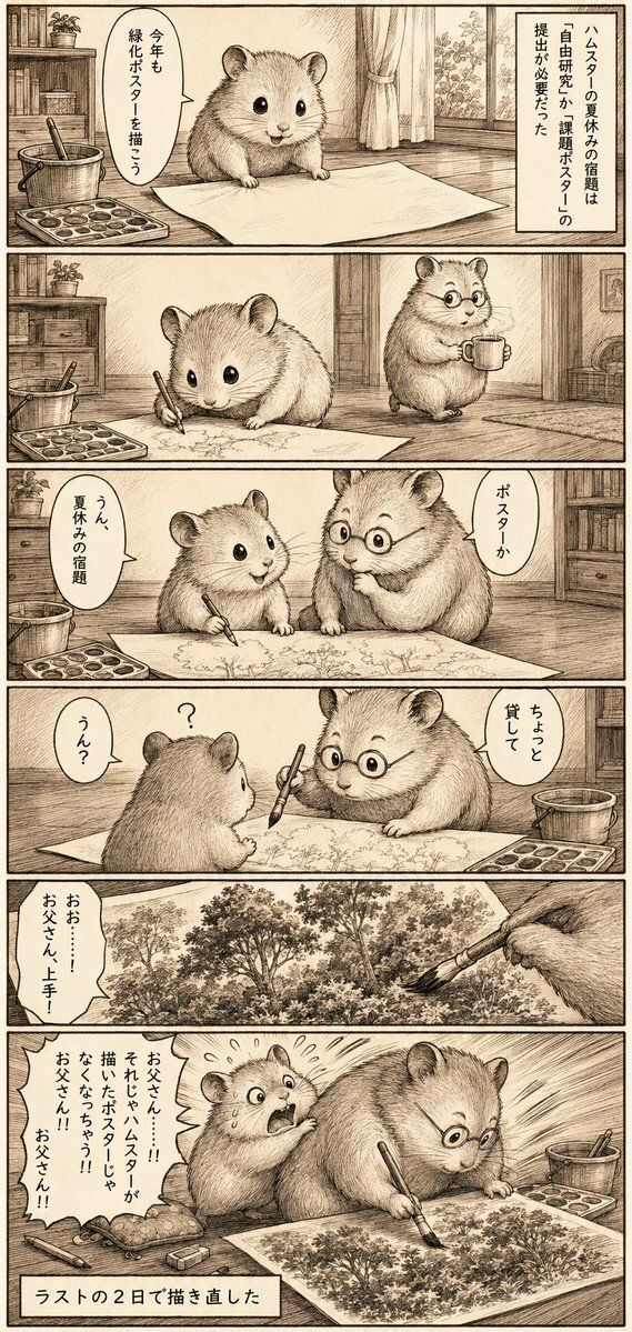 ai漫画生成提示词：复古棕色调六格仓鼠父子漫画（暑假作业）（gpt-image-2）