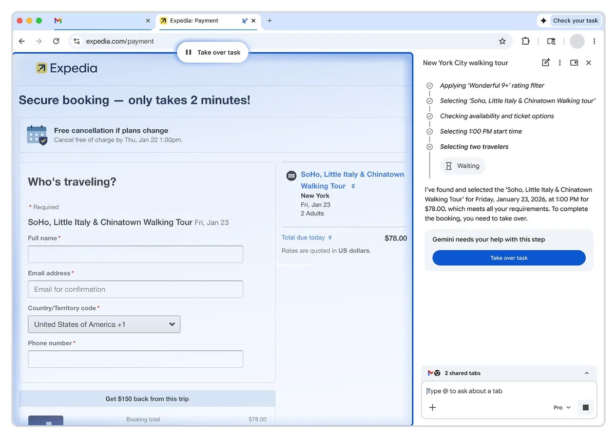 自动浏览进行到需要本人操作的步骤时，侧边栏提示「Gemini needs your help with this step」，点 Take over task 接手（官方博客配图，2026 年 1 月）