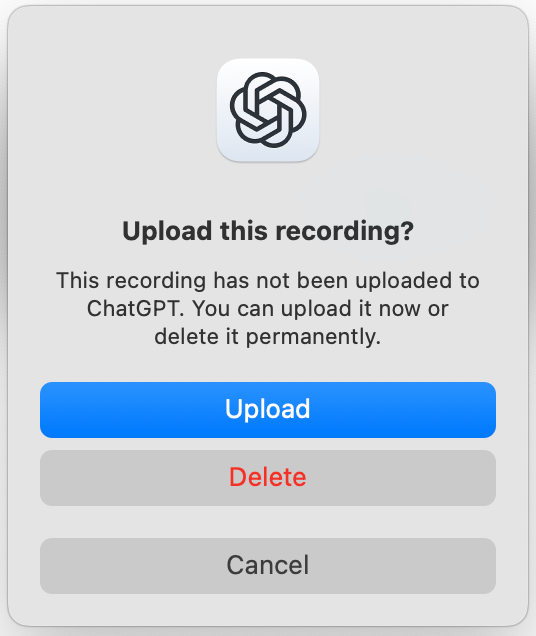 点 X 之后的提示框：Upload this recording?，三个按钮 Upload、Delete、Cancel（英文界面）