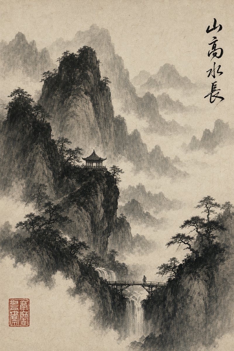壁纸提示词：宋画意境水墨山水竖幅，云雾留白 + 山亭瀑布 + 题字印章