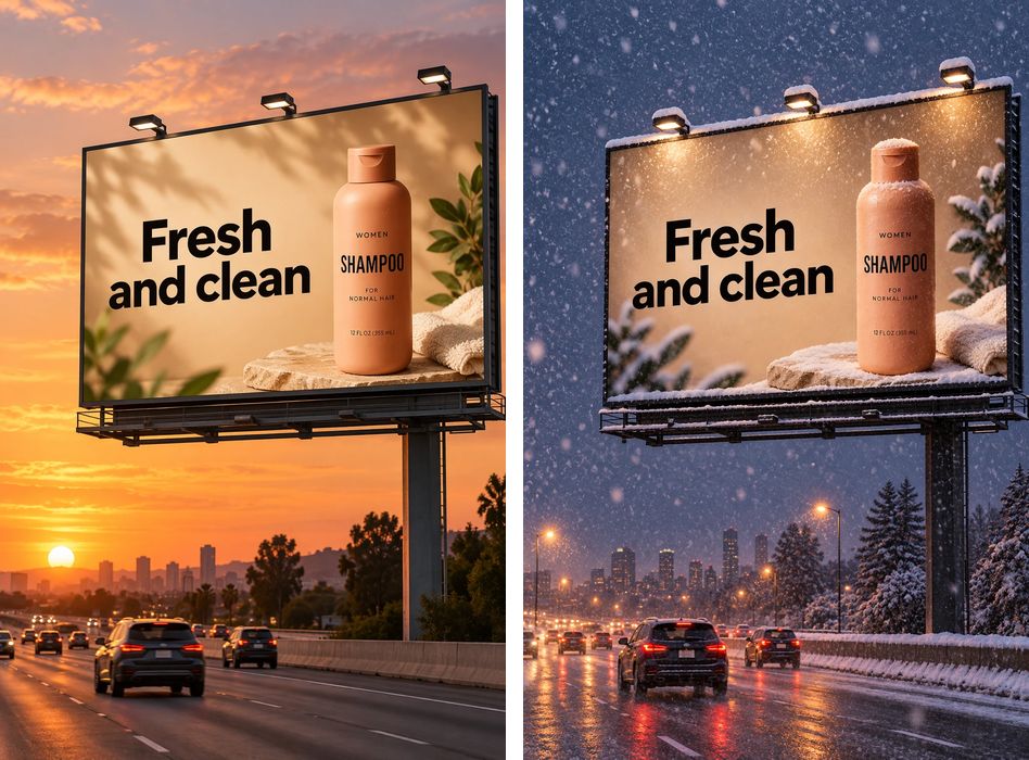 官方示例：带精确广告语"Fresh and clean"的户外广告牌（左），再用一句话把场景改成雪夜（右），文字保持一致