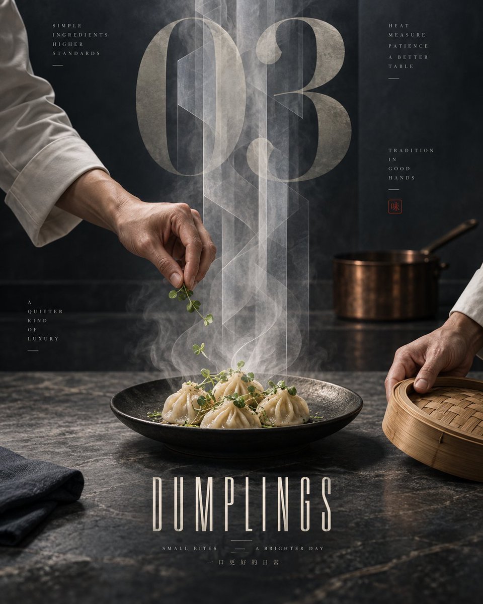 美食海報提示詞：大號數字 + 建築感蒸汽的雜誌風菜品海報（餃子示例）（gpt-image-2）