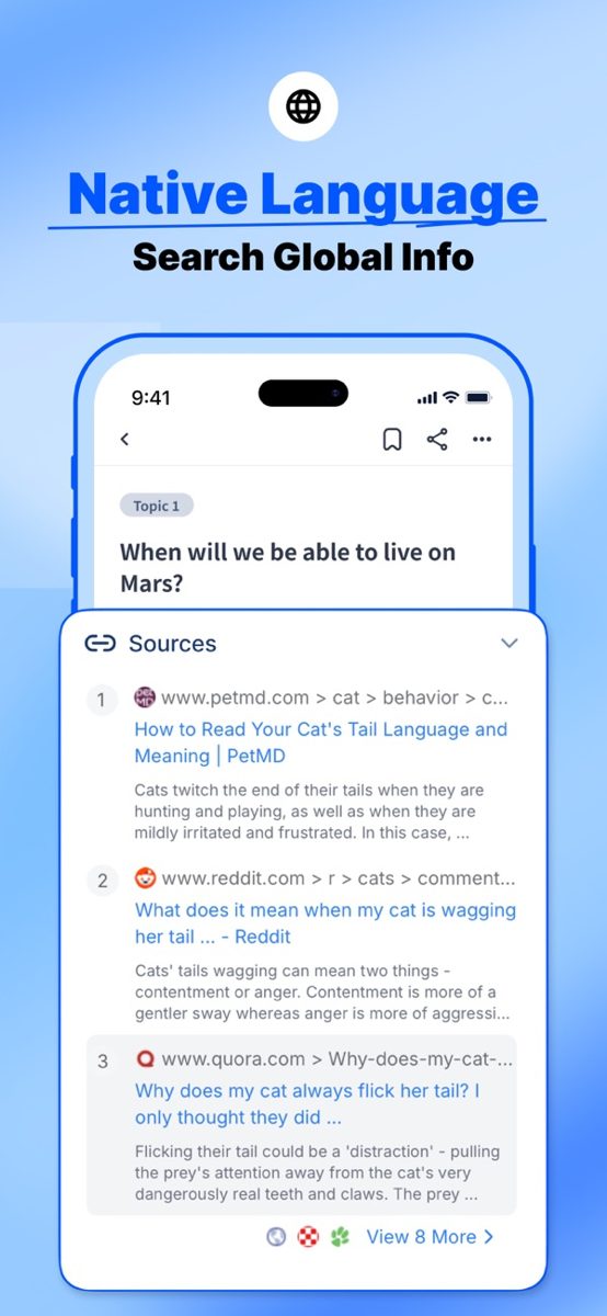 Felo 手机端回答页面,列出来自多个网站的引用来源