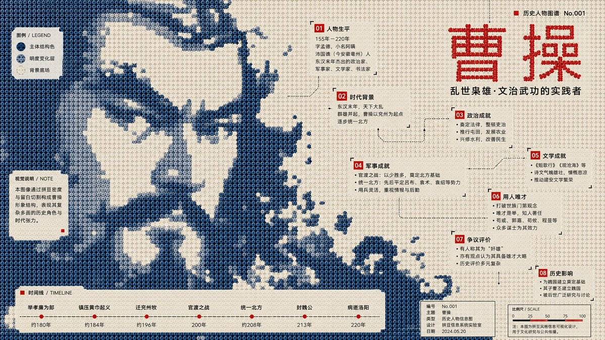 拼豆风信息图提示词：拼豆像素质感的历史人物知识海报（曹操示例）（gpt-image-2）