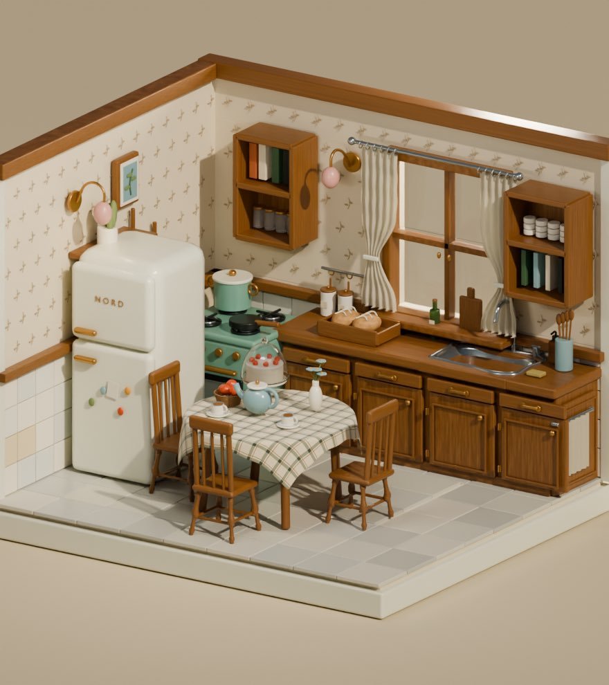 室内设计提示词：等轴测复古小厨房 3D 微缩模型，娃娃屋质感（gpt-image-2）