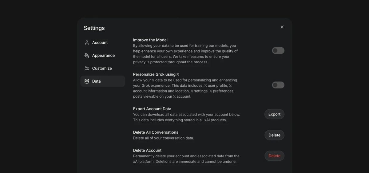 官方示例:网页版 Settings → Data 页的数据控制项
