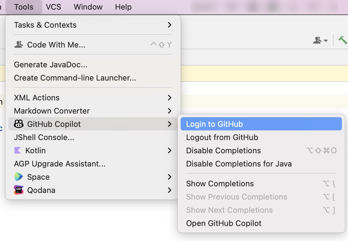 JetBrains IDE 的 Tools 菜单展开后，GitHub Copilot 子菜单里高亮的「Login to GitHub」选项