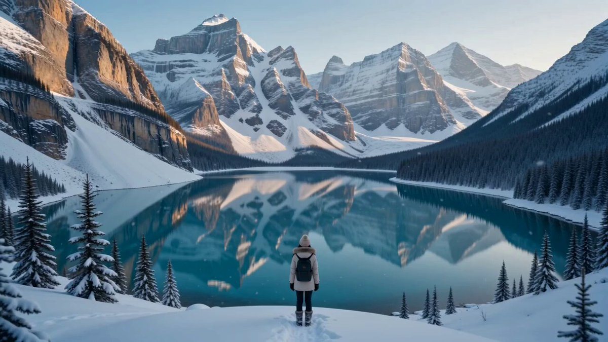 seedance 提示词：冰湖雪山旅行短片（背影远景推进—湖边跟拍—回眸 · 15 秒）