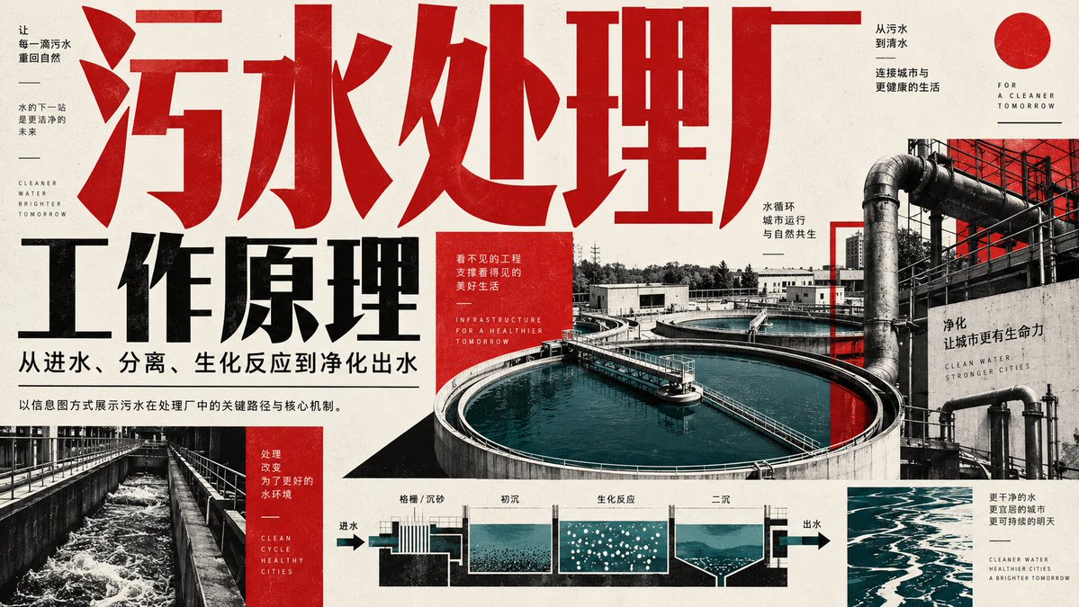 科普信息图提示词：工业风"工作原理"流程海报（污水处理厂示例）
