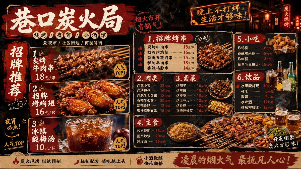 AI選單設計提示詞：按品牌設定生成整版餐廳價目選單（燒烤 / 炸雞示例）（gpt-image-2）