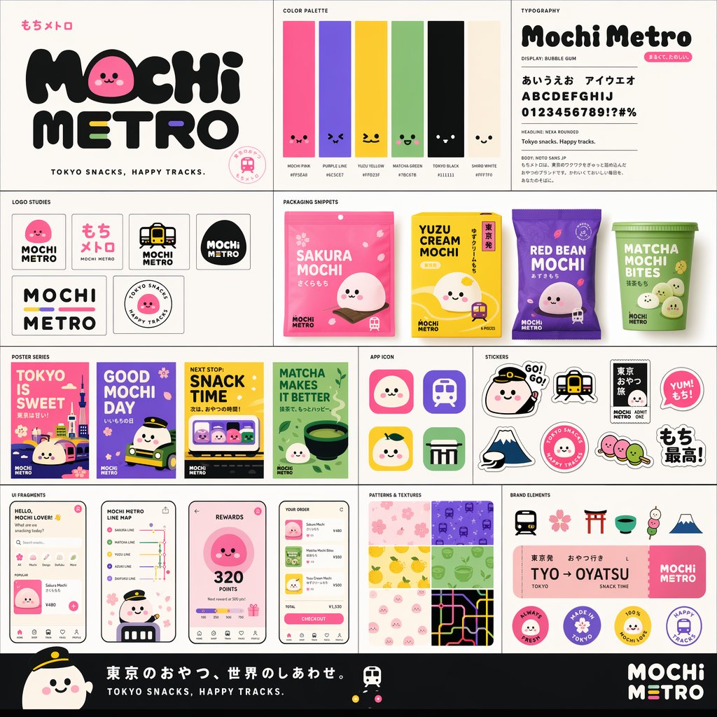 logo設計提示詞：零食品牌 VI 全套展示板，Logo 研究 + 色板 + 包裝 + App 圖標一張圖