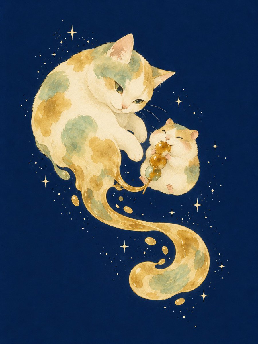 水彩插画提示词：星空里尾巴化成糖浆的三花猫和吃团子的小仓鼠（gpt-image-2）