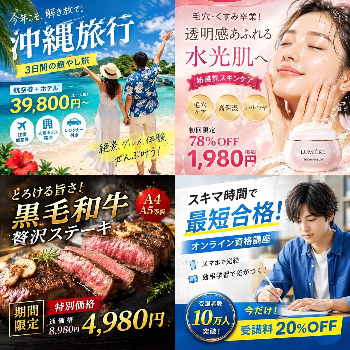 电商详情页提示词：日式信息密集型广告 banner 四宫格（旅行 / 护肤 / 美食 / 课程，大字价格 + 徽章）