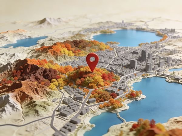 即夢提示詞：城市 3D 地形沙盤地圖，秋色山林 + 藍色湖面 + 紅色定位針（杭州示例）