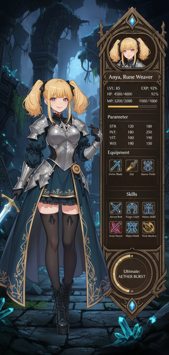 游戏UI提示词：上传角色图生成 RPG 角色状态界面，立绘 + 等级属性装备技能面板并排