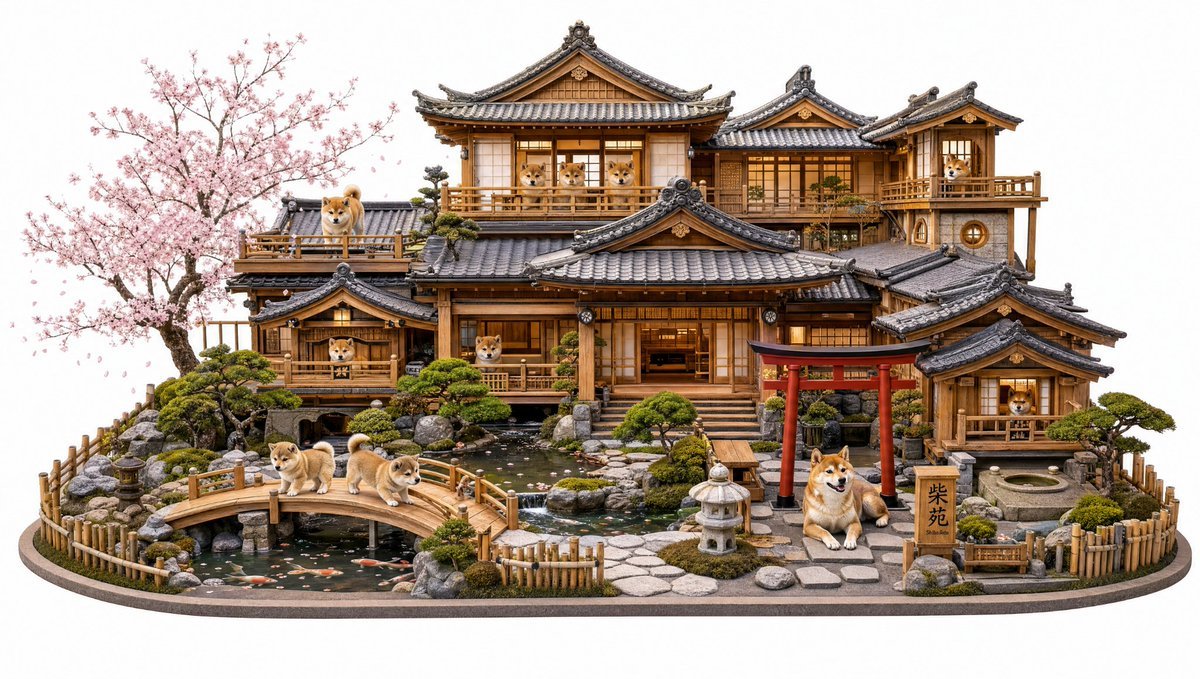 ai手办提示词：柴犬们的日式木造大宅微缩模型，庭院、小桥、樱花和 12 只狗（gpt-image-2）