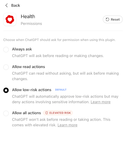 官方截图:Health 权限页面,选项有 Always ask、Allow read actions、Allow low-risk actions(默认)、Allow all actions(英文界面)