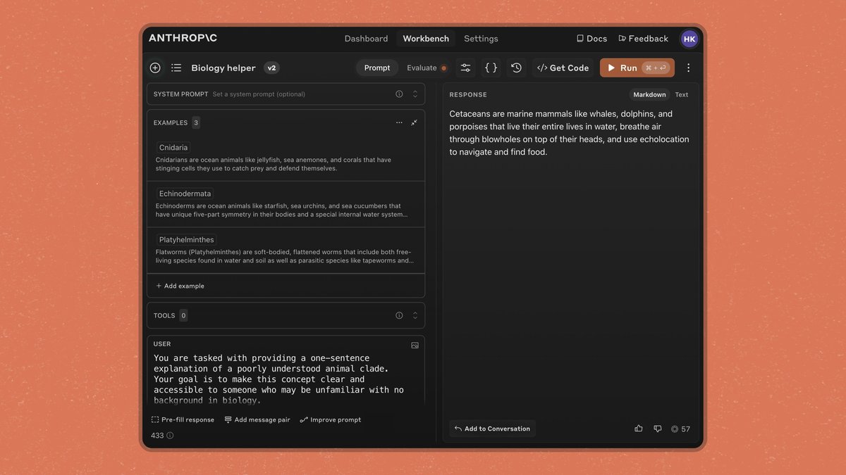 Anthropic 开发者控制台的 Workbench：左侧「Examples」区放了 3 个示例，下方是提示词，右侧是模型回答（2024 年的开发者界面，以实际为准）