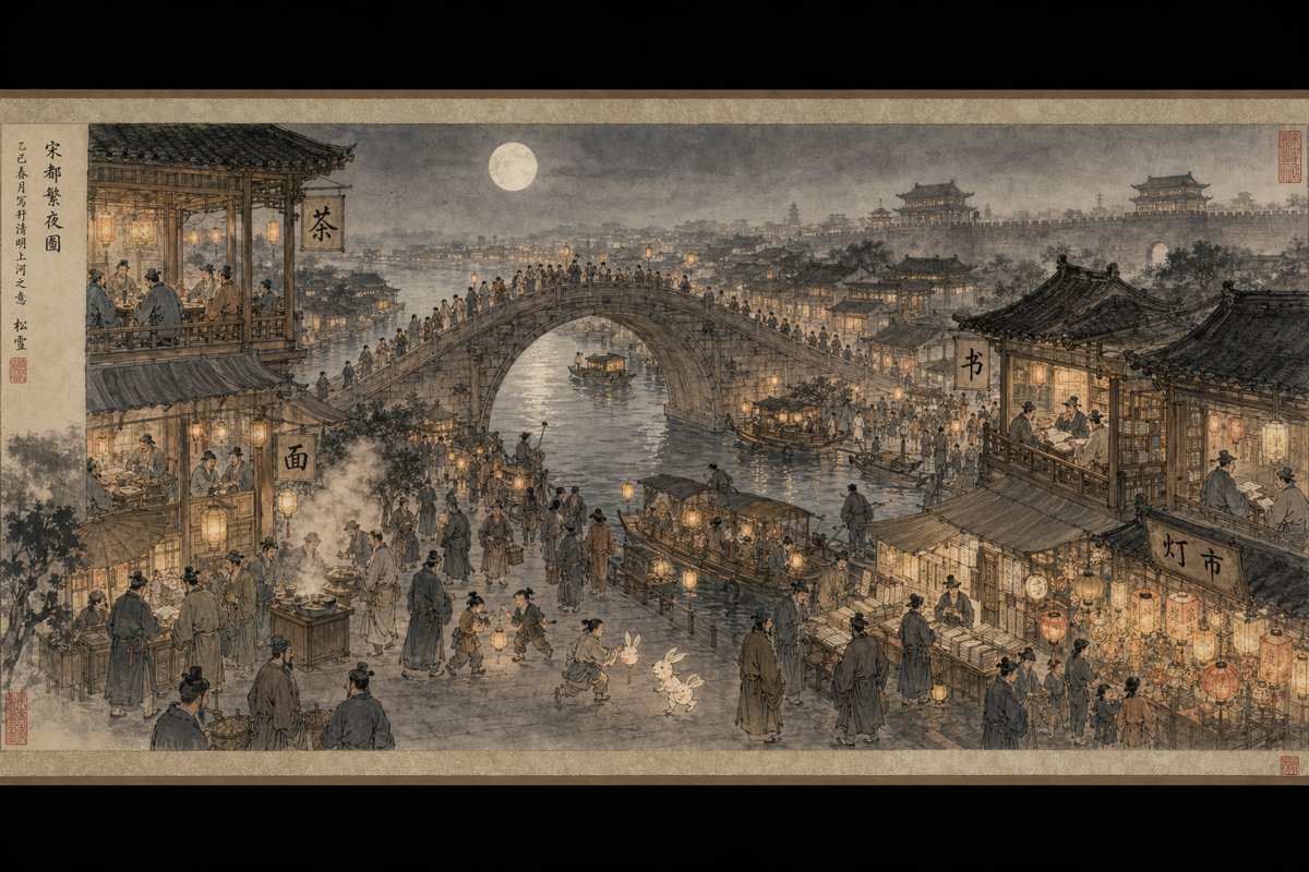 壁紙提示詞：國風宋代夜市水墨手卷，拱橋燈船和可讀的毛筆招牌字（gpt-image-2）