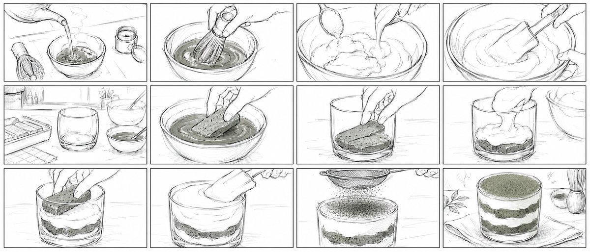 ai分镜提示词：美食短视频铅笔草稿分镜，12 格画完抹茶提拉米苏的制作（gpt-image-2）
