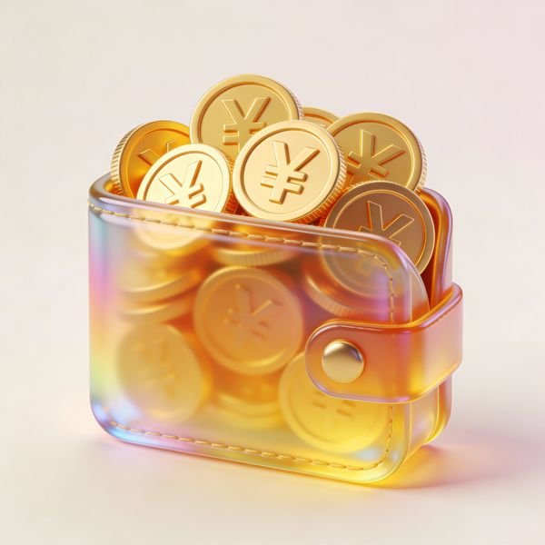 即梦提示词：3D 玻璃质感 UI 图标，半透明钱包装满金币（可换任意物件做图标）