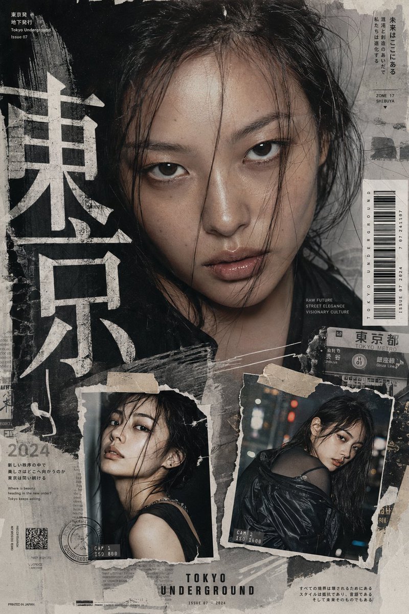 AI海報提示詞：黑白拼貼風街頭時尚雜誌海報，大頭像+撕紙拍立得+豎排大字（gpt-image-2）