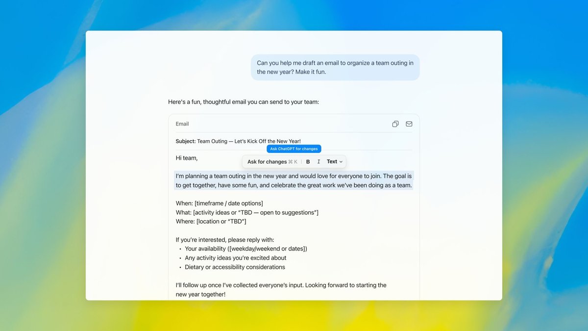 写作块示例：一封邮件草稿放在单独的「Email」块里，选中一段文字后浮出「Ask for changes」、加粗、斜体等工具（英文界面）